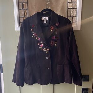 erin london Vintage Brown Corduroy Blazer Sz L Burgundy Green Floral Embroidery